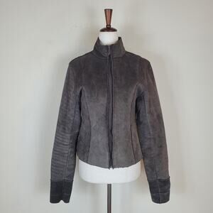 Express Jacket Women Small Brown Suede Leather Sherpa Lined Zip Stand Collar 90s